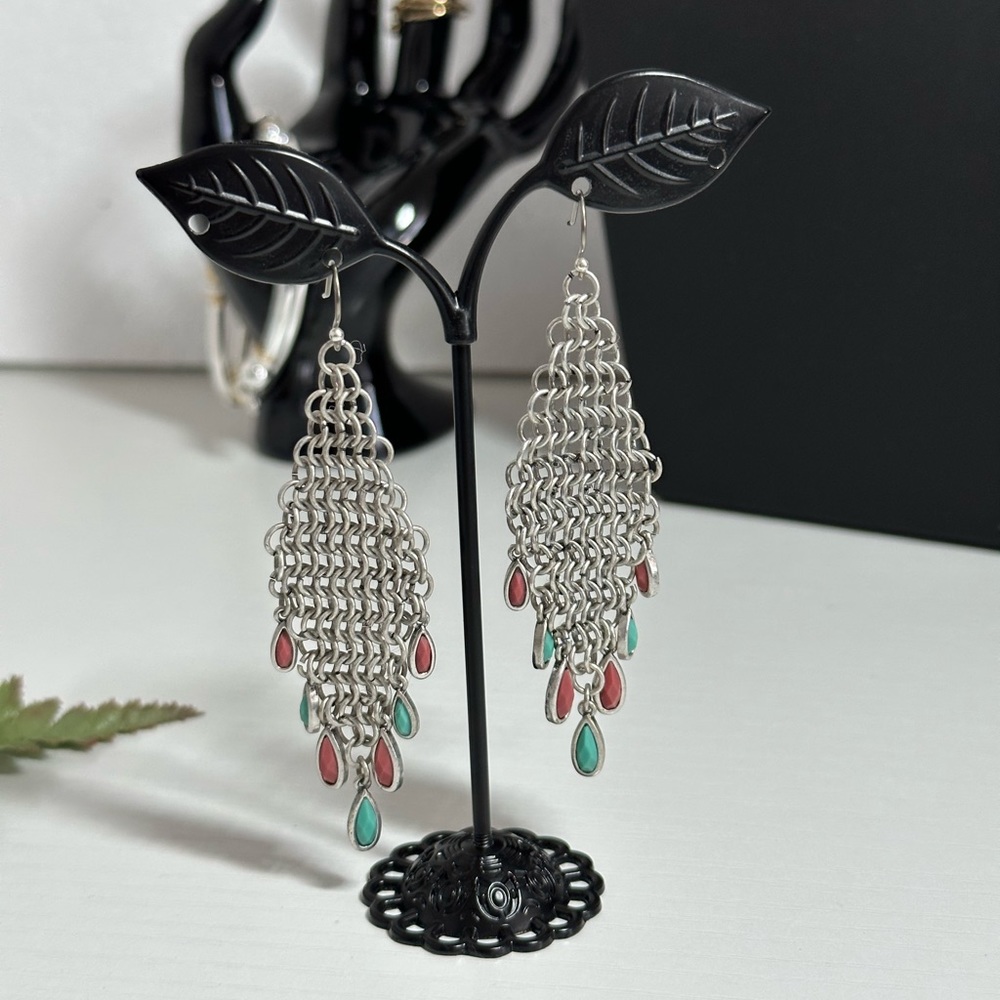 Lucky Brand Silver Tone Turquoise Mauve Chandelier Style Earrings